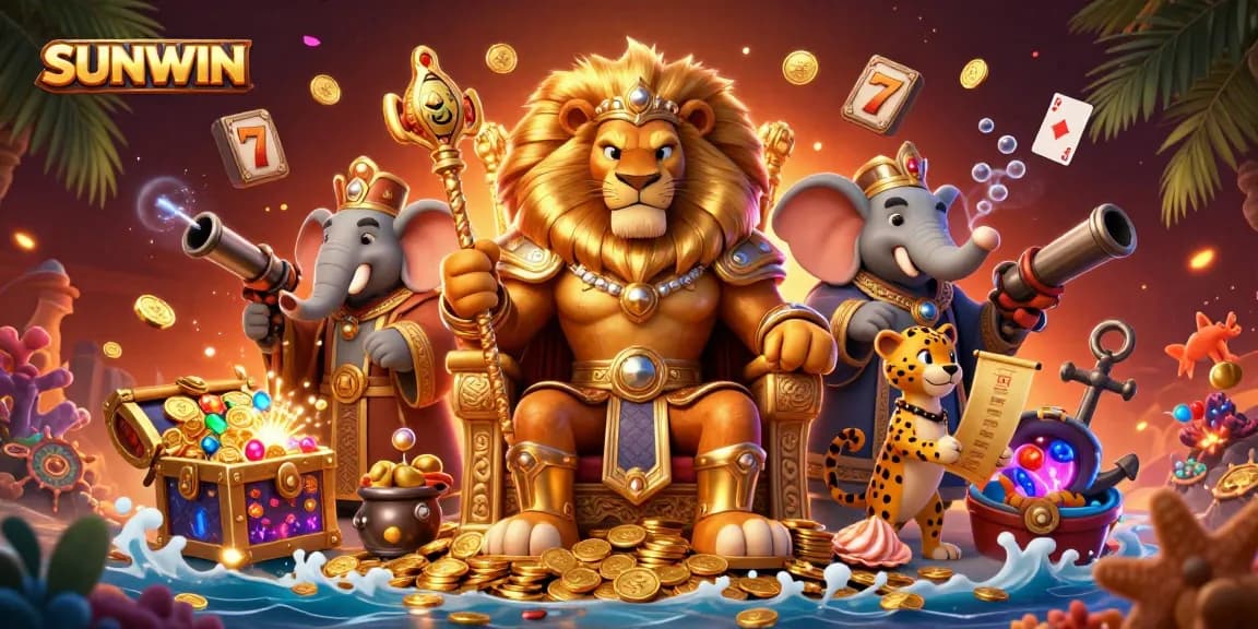 SUNWIN showcases thrilling slot reels with a lion king and allies amidst a treasure-filled casino scene.