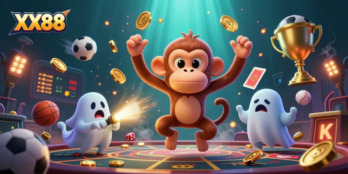 Engage with the immersive world of XX88 gambling featuring a playful poltergeist monkey and a curious ghost-hunter puppy.