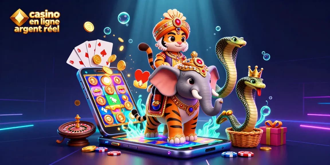 Jouez à un casino en ligne argent réel avec des gains possibles, entouré par un éléphant et un tigre maharaja.