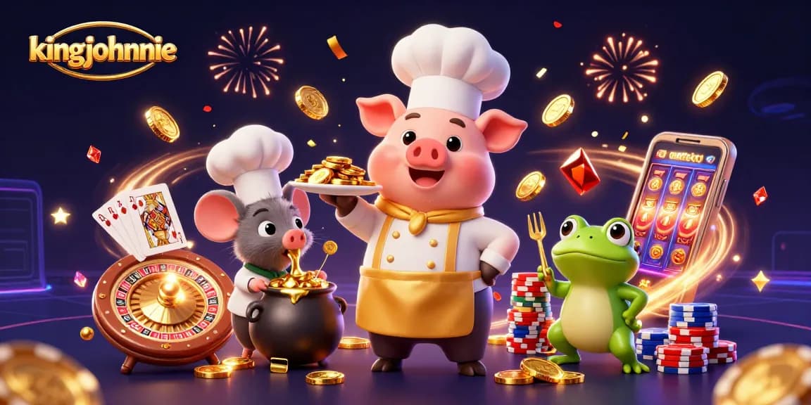 kingjohnnie casino scene featuring a chef pig and sous-chef mouse amidst gold coins and winning elements