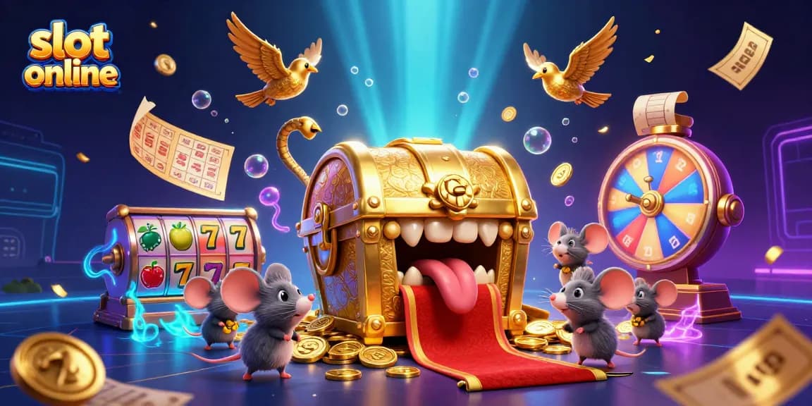 Engage with slot online as a golden treasure chest lures adventurer mice amidst vibrant slots and winnings.