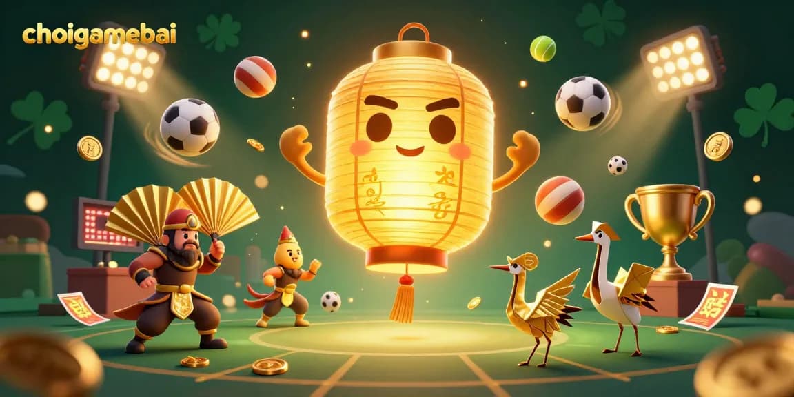 Engage with choigamebai's dynamic casino illustration, featuring a golden lantern spirit and vibrant game action.