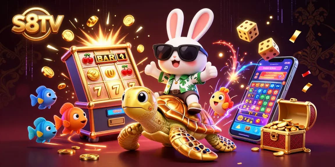 Experience thrilling games at S8TV, featuring an adorable rabbit and golden turtle amidst vibrant casino elements.