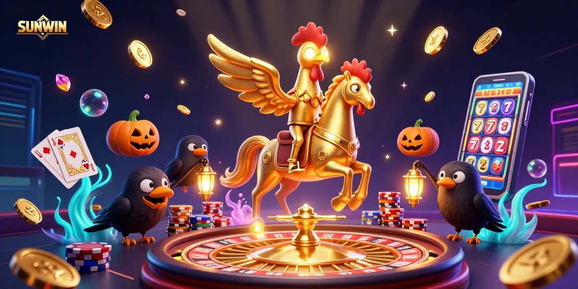 SUNWIN casino experience showcasing vibrant golden elements, a golden rooster, and dynamic gaming action.