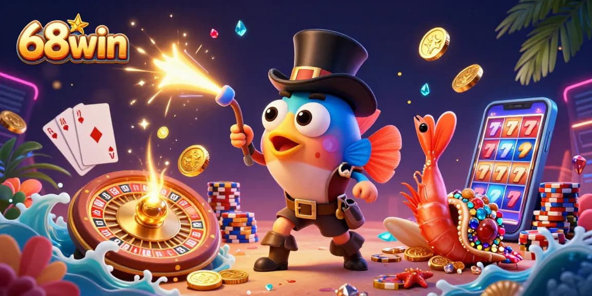 Play thrilling games at 68win with 3D cartoon characters in a vibrant casino illustration.