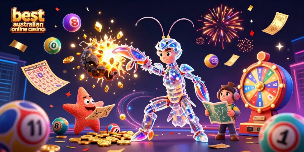 Experience the best Australian online casino excitement with vibrant lottery elements and action-packed characters.