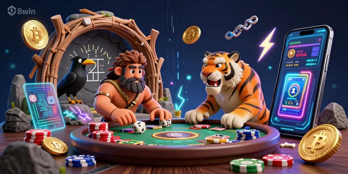 Experience captivating gameplay at 58win with a dynamic prehistoric casino scene showcasing vibrant 3D characters and crypto elements.
