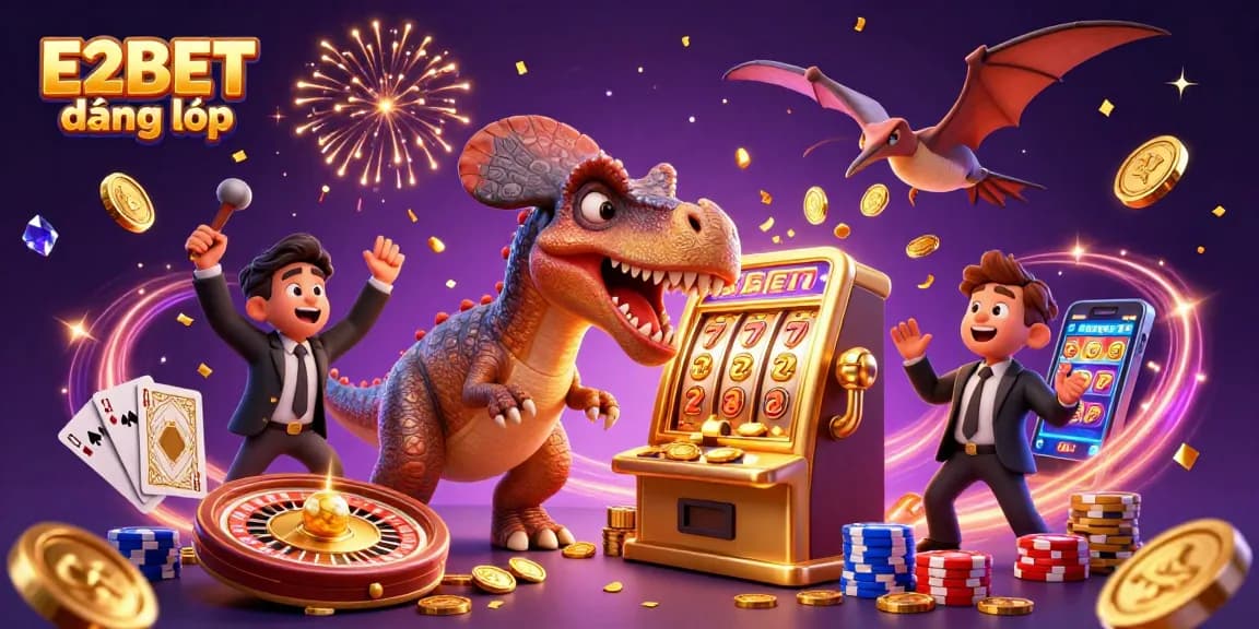 E2BET đăng nhập features a playful scene with a dinosaur and casino elements celebrating wins.