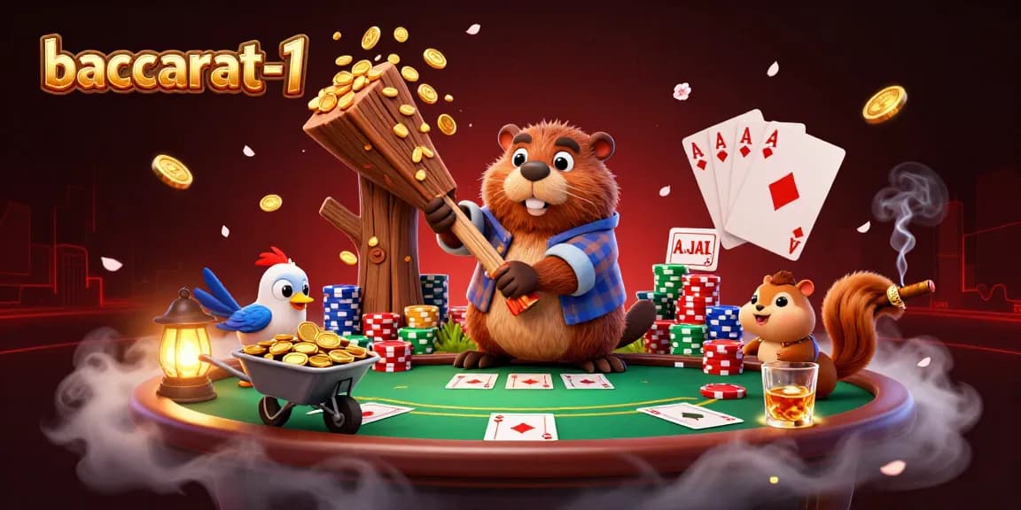 Experience thrilling baccarat-1 with a beaver and friends collecting gold coins in this vibrant scene.