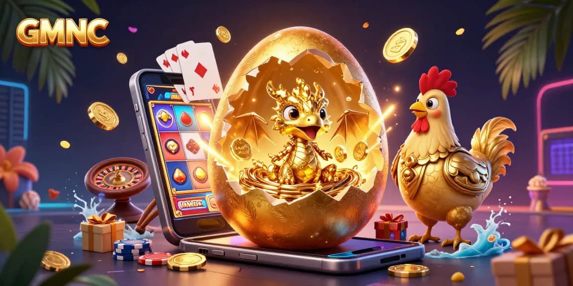 GMNC offers thrilling slots with a dragon theme, revealing sparkling treasures in a vibrant casino scene.