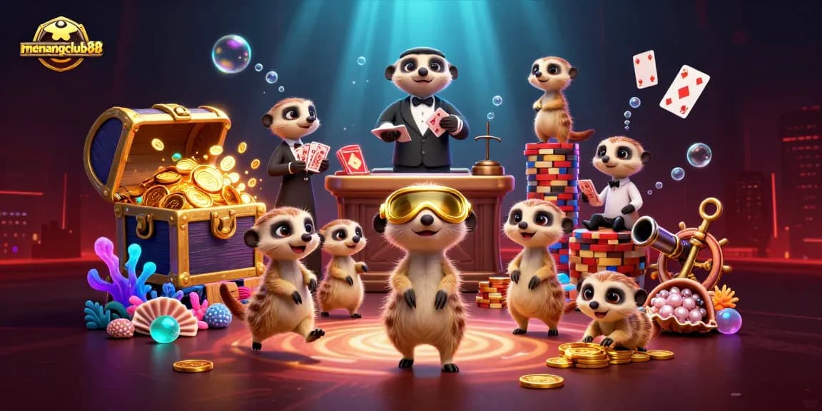 Experience the thrill at menangclub88 with a vibrant meerkat casino scene filled with playful action and treasures.