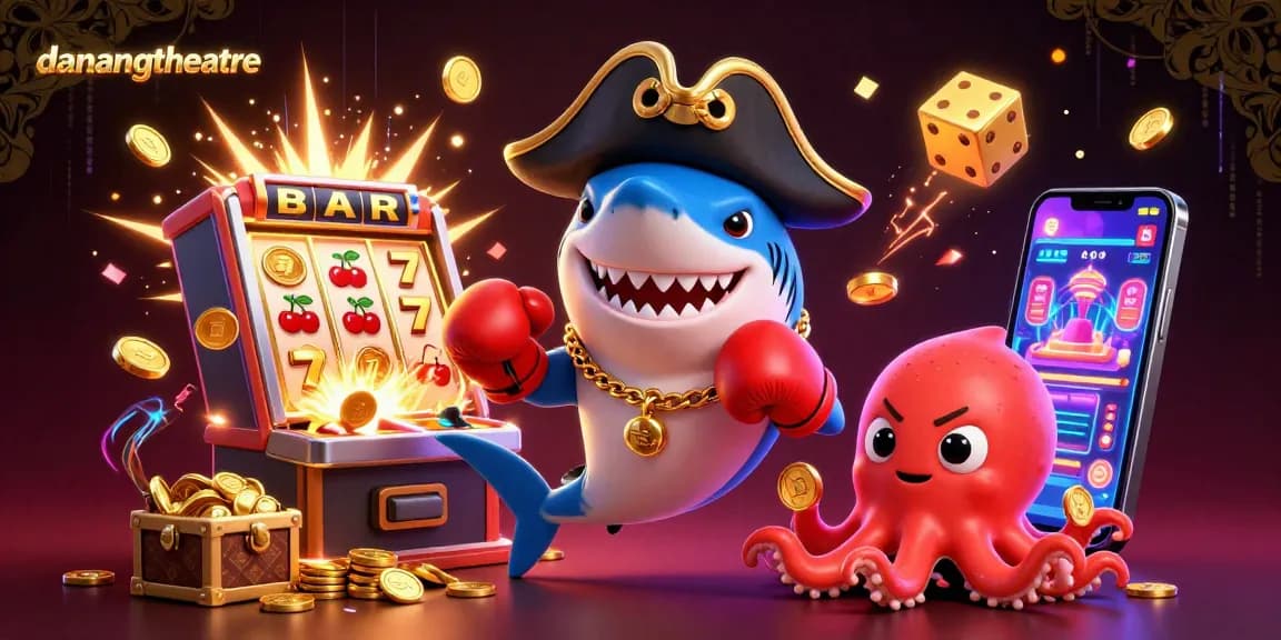 Spin the reels with danangtheatre's captivating characters: a pirate shark, an angry pufferfish, and a gold-carrying octopus.