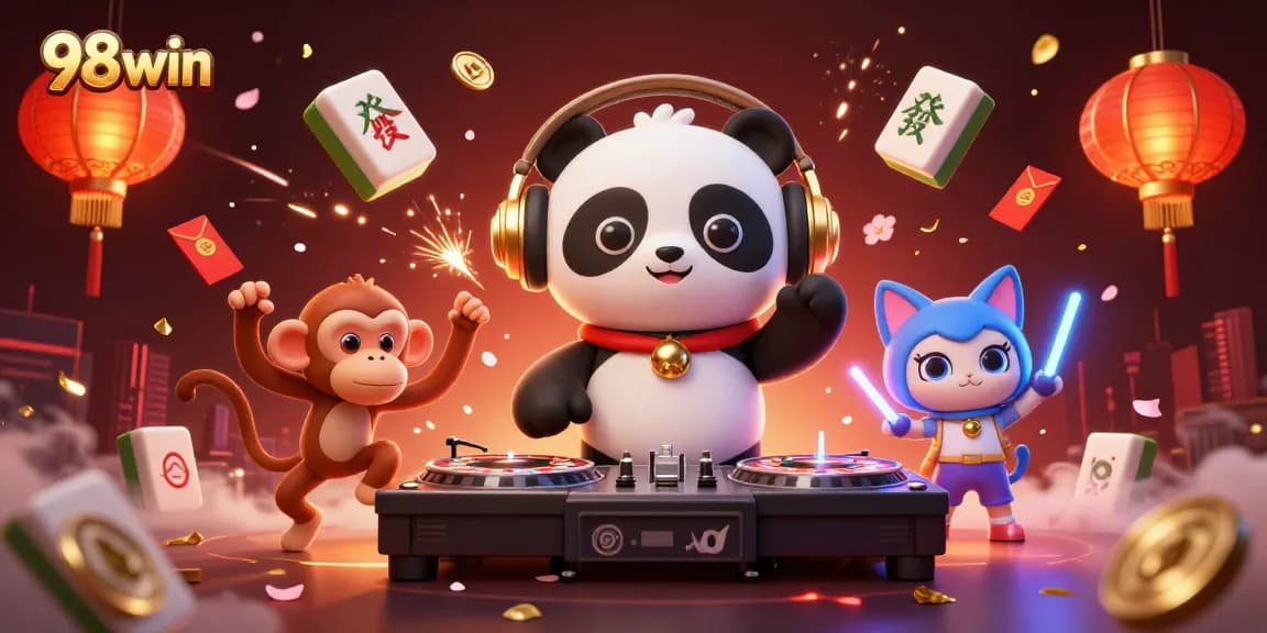 Spin the reels with 98win's vibrant characters in a colorful casino scene filled with exciting game elements.
