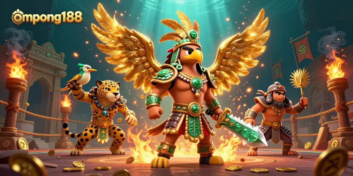 Gambarlah momen pertarungan seru di ompong188 dengan prajurit Aztec dan jaguar.