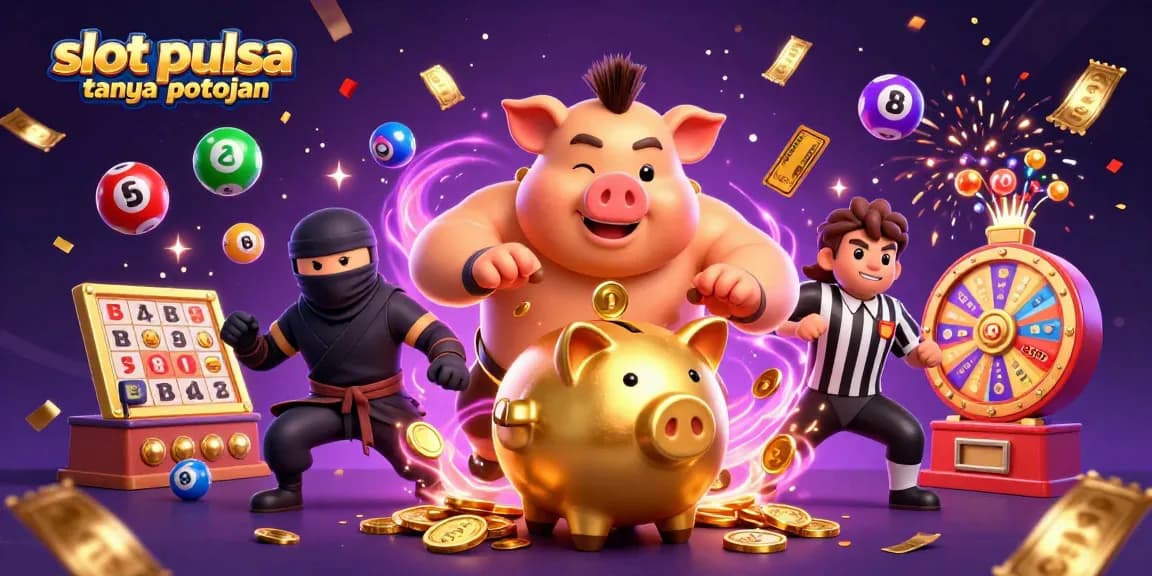 Menangkan permainan dengan slot pulsa tanpa potongan dalam ilustrasi kasino yang penuh warna dan energik.