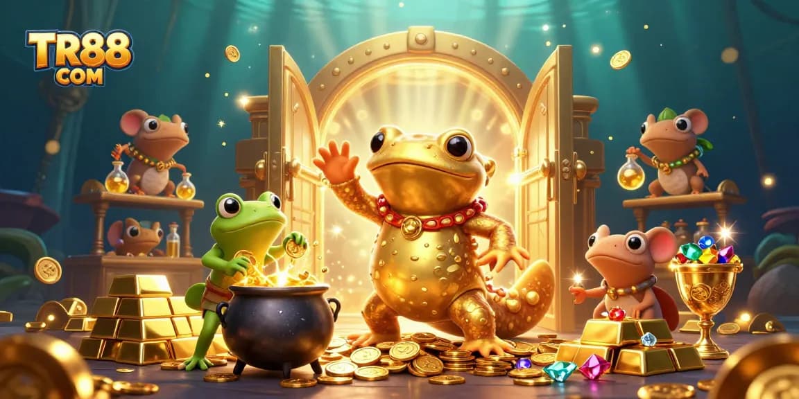 Engage with TR88 COM's magical casino experience featuring a giant golden salamander and rich treasures.