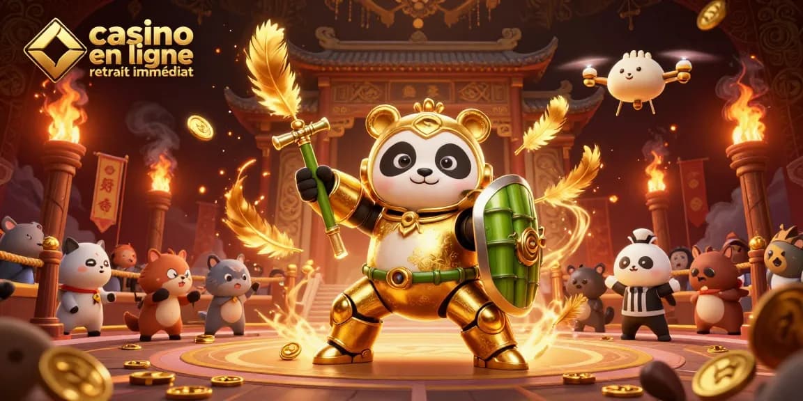 Casino en ligne retrait immédiat : Illustration dynamique de jeu avec un panda d'or combattant.