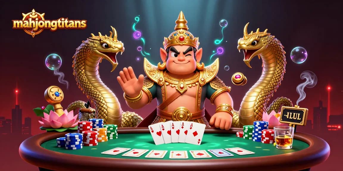 Engage with mahjongtitans in a vibrant casino scene depicting themed characters and dynamic poker gameplay.