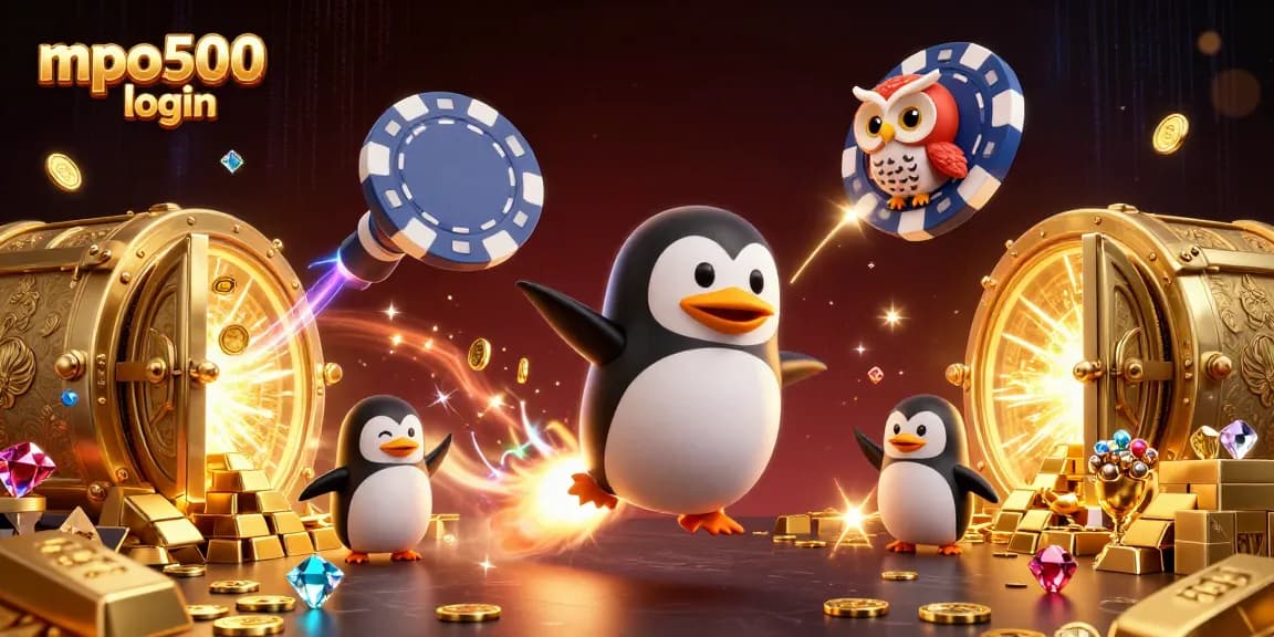 MPO500 login showcases an animated golden penguin racing toward a poker chip-shaped casino in a treasure-filled space scene.