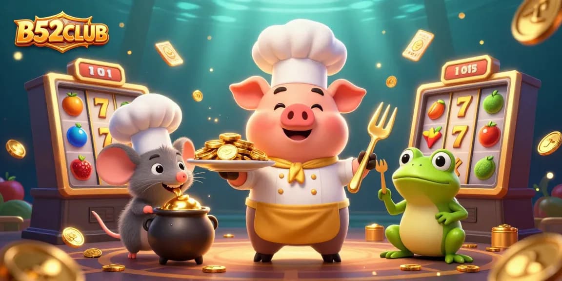 B52CLUB showcases a lively scene with a chef pig serving golden coins, exciting slot game elements enriching the casino experience.