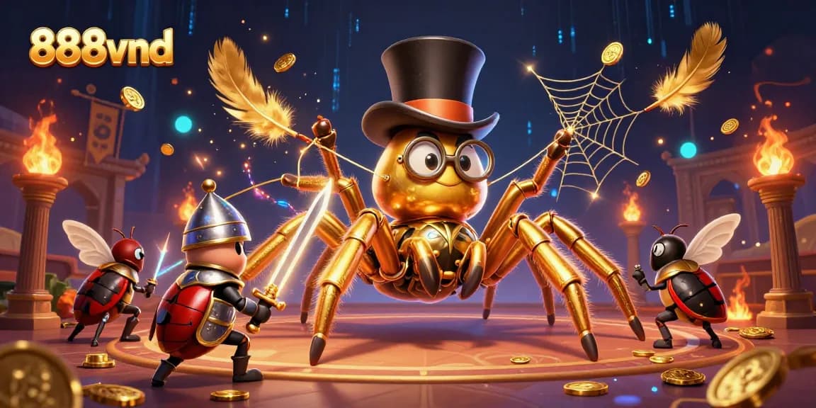 Embrace excitement at 888vnd with a giant golden tarantula and a brave beetle knight in a dynamic casino scene.