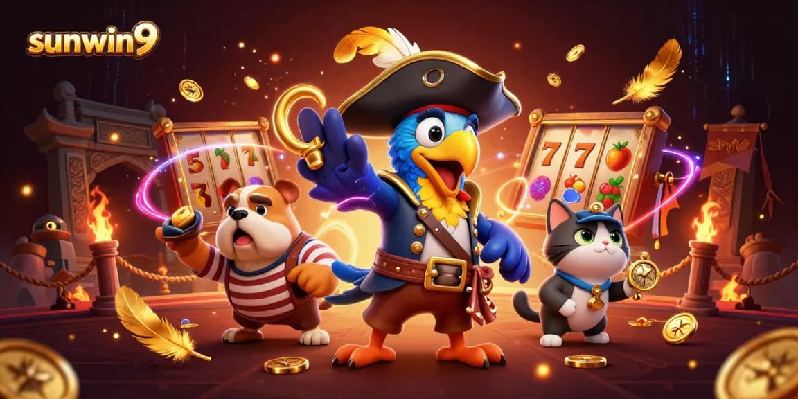 Engage in thrilling slots action with sunwin9 in a vibrant pirate-themed 3D casino scene.