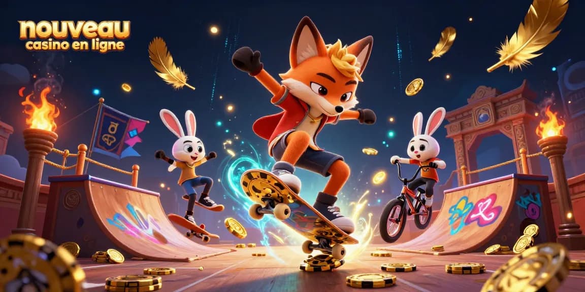 Nouveau casino en ligne avec un renard skateboarder et un lapin BMX entourés d'éléments de jeux et de jetons