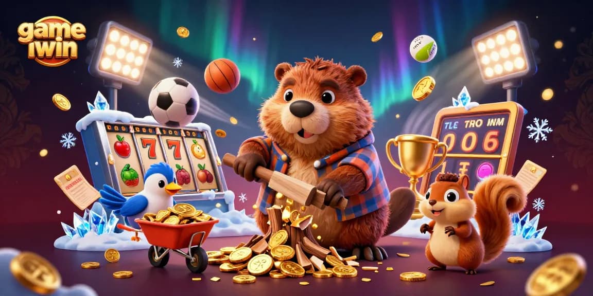 Experience thrilling wins in game iwin with a lively cartoon scene filled with coins and fun elements.