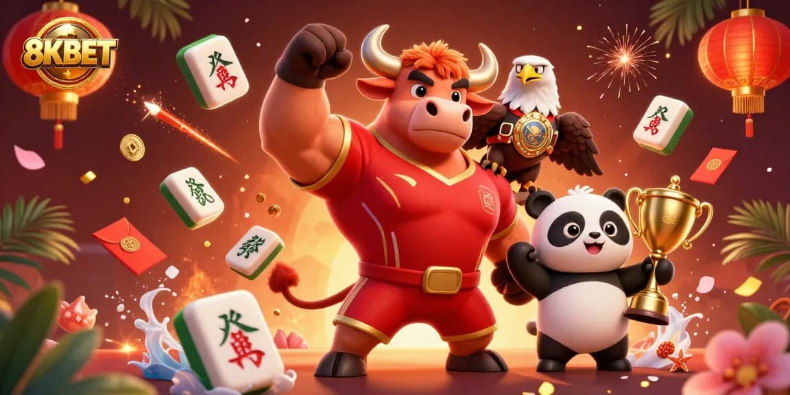 Play exciting games at 8KBET with our fun mascot trio celebrating winning moments.