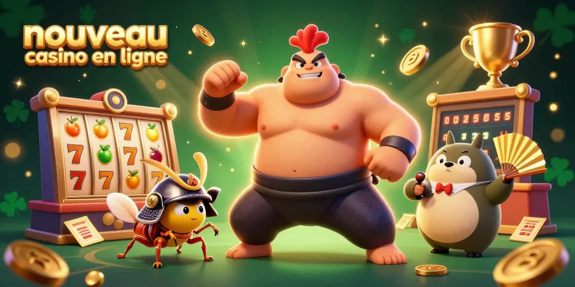 Illustration dynamique d'un nouveau casino en ligne avec un puissant sumo, un cricket samouraï, et des éléments de machines à sous.