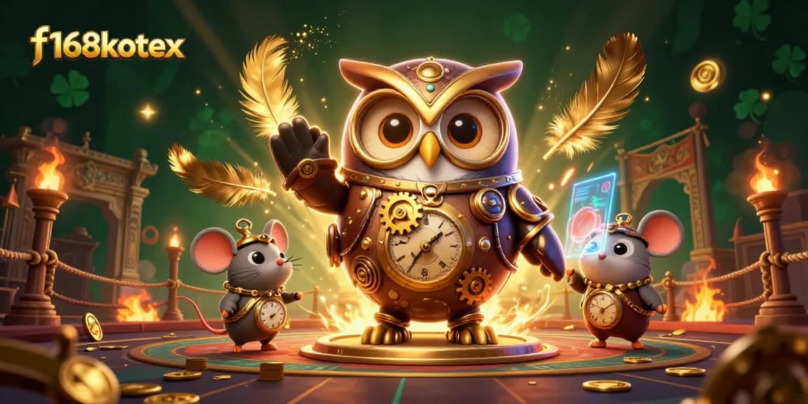 Engage in f168kotex gameplay with an owl and mouse in a vibrant casino scene.