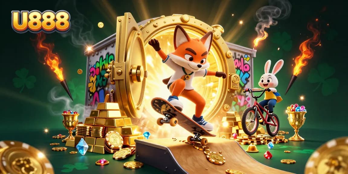 Experience thrilling gameplay at U888 with a vibrant scene of cartoon fox and rabbit highlighting excitement in online casinos.