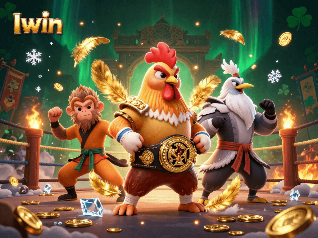 Iwin showcases a Muay Thai rooster and martial artists in a vibrant casino scene full of action.
