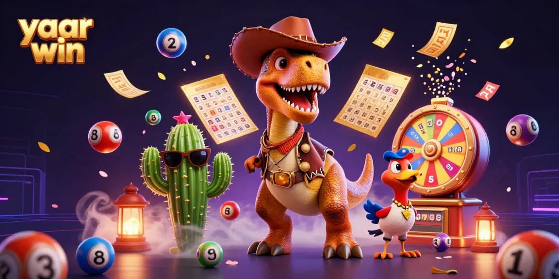 Experience the thrill of yaar win with a dynamic 3D cartoon scene featuring a cowboy T-Rex, cactus, and roadrunner surrounded by colorful lottery elements.