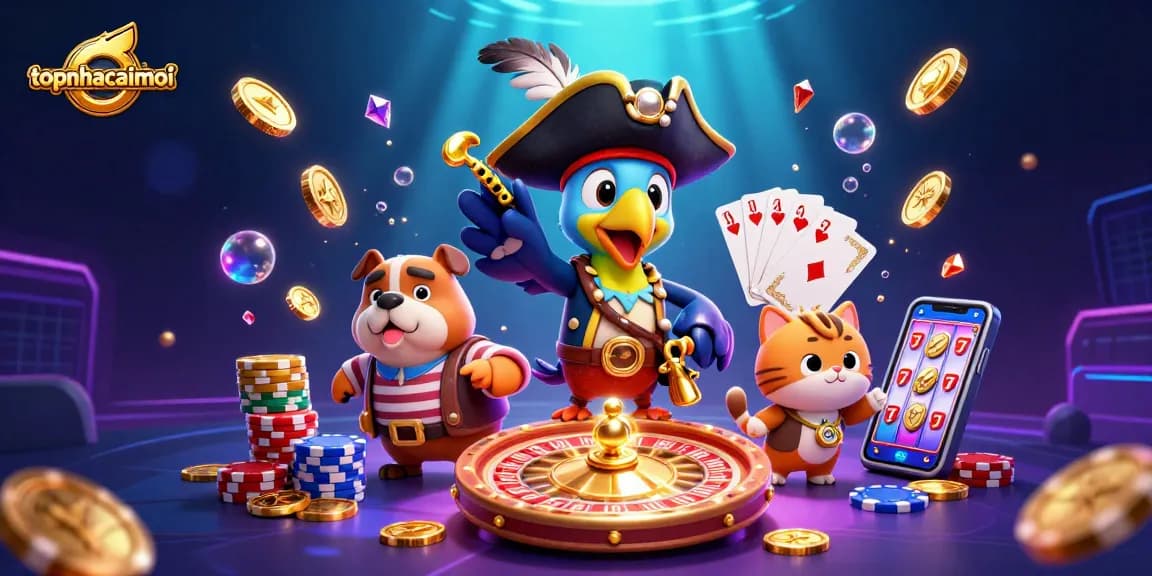 topnhacaimoi showcases a lively pirate-themed casino scene with vibrant characters and dynamic gambling elements.