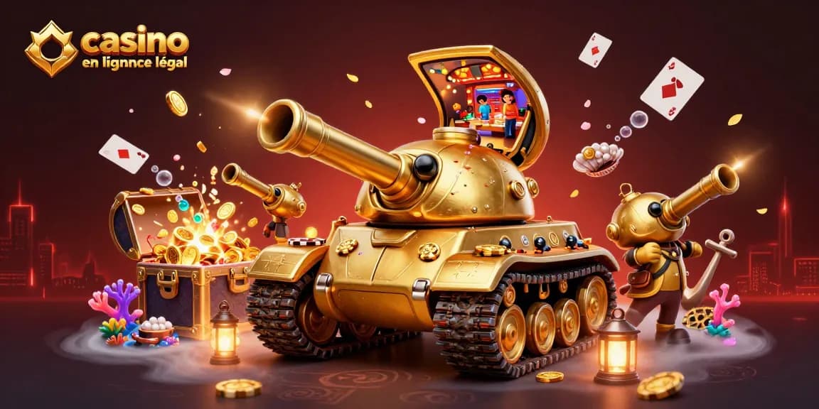 Jouer dans un casino en ligne légal en France avec une machine à sous en forme de tank doré.