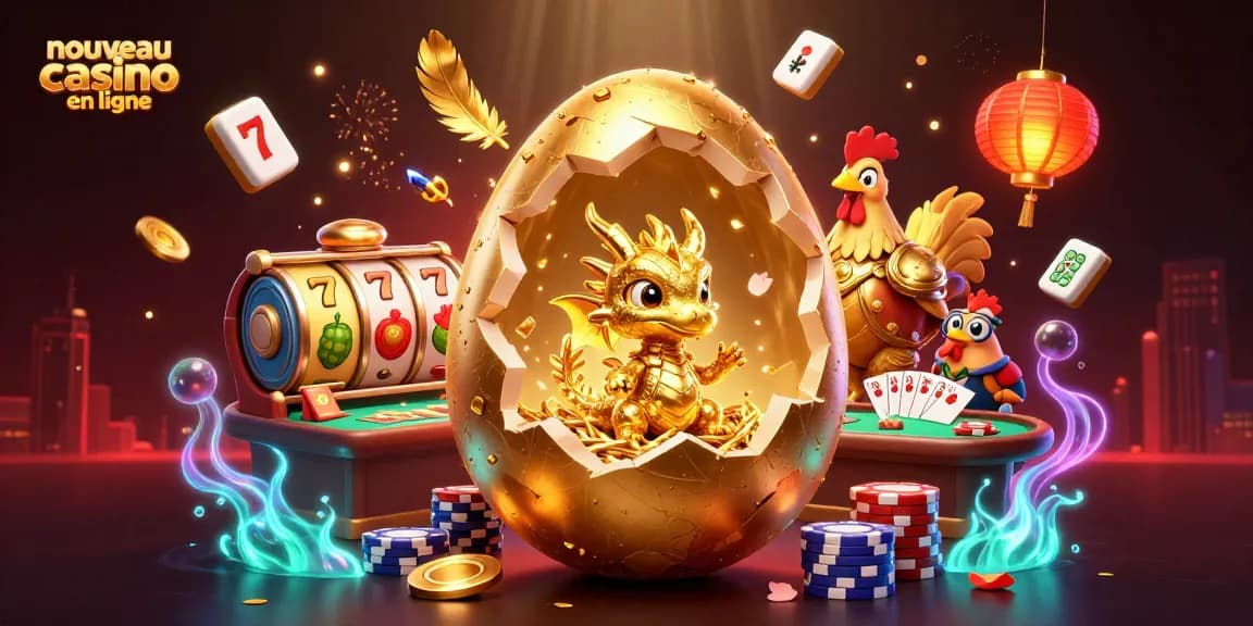 Illustration d'un nouveau casino en ligne avec un dragon doré et des jetons de poker, rempli d'éléments de jeu.