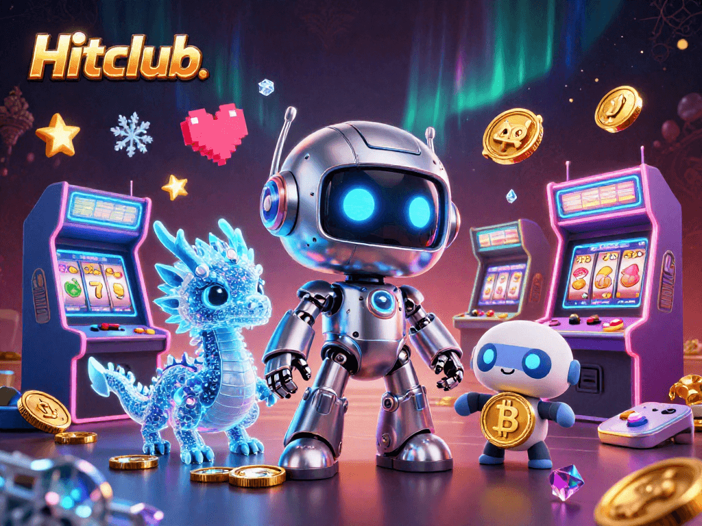 Spin with Hitclub’s vibrant gaming scene featuring a cyberpunk robot and AI dragon.