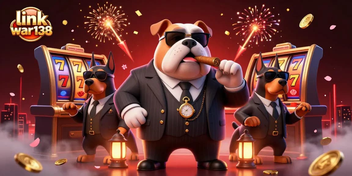 Engage in the thrill of gaming at link war138 with a vivid casino scene featuring a bulldog boss and dynamic gaming elements.