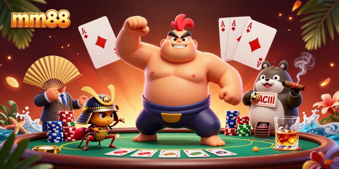 Experience the thrill at mm88, where a sumo wrestler and samurai cricket showcase high-stakes poker.