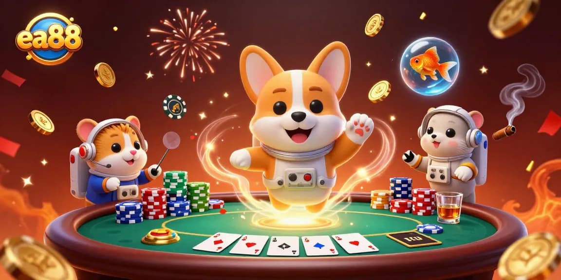 Play poker with exciting themes through the vibrant 3D universe of ea88, showcasing an astronaut corgi and dynamic game elements.