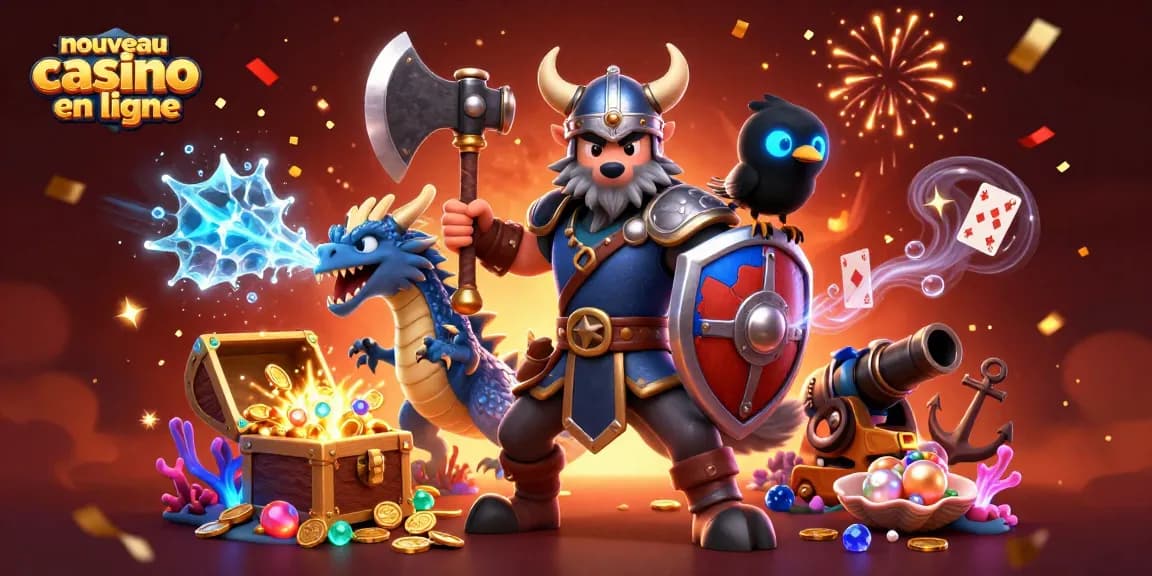 Découvrez le nouveau casino en ligne avec des personnages de guerriers et dragons dans une scène riche en jeux et trésors.