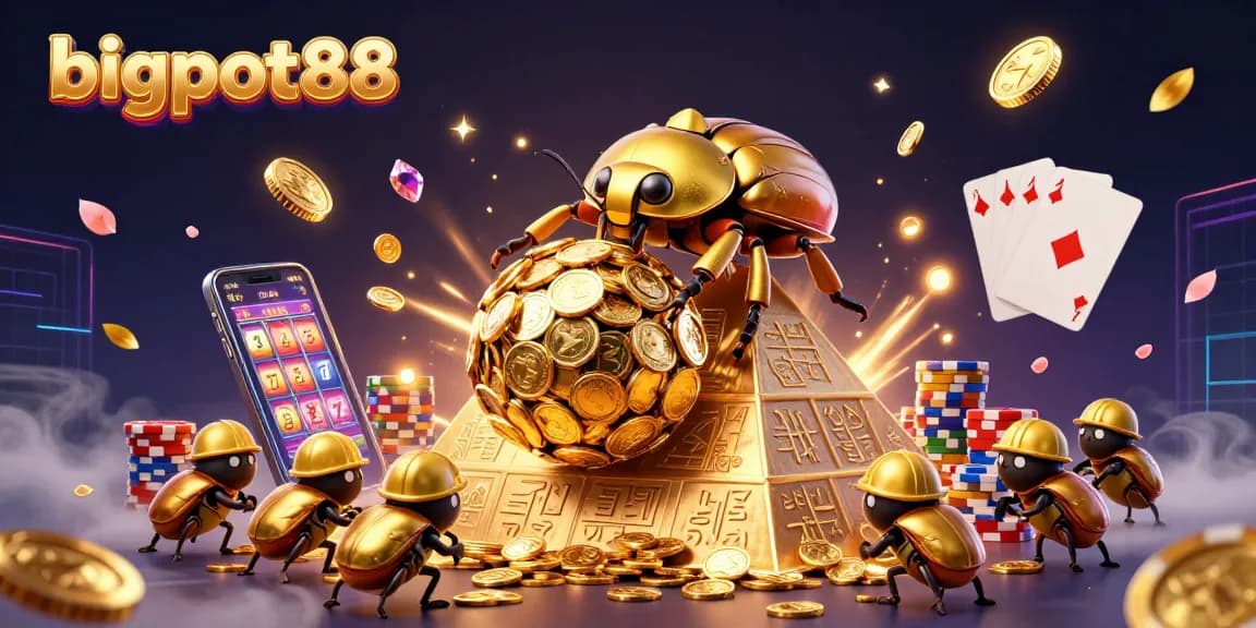 Engage with bigpot88 as the golden dung beetle rolls coins up a pyramid filled with casino symbols.