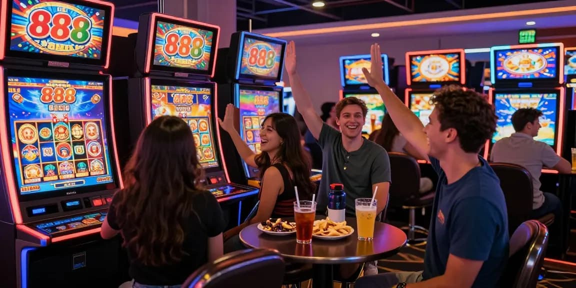 Celebrate a big win at situs 888 online gaming slot with friends in a vibrant casino atmosphere.