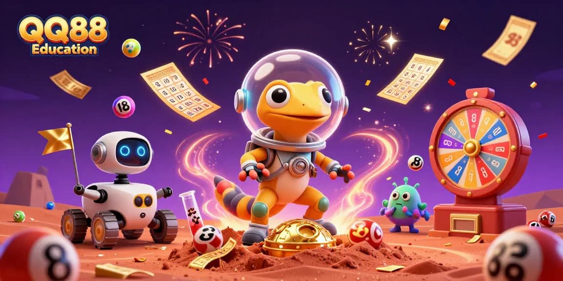 Engage with QQ88 Education's vibrant casino scene featuring a Martian gecko and exciting gaming elements.