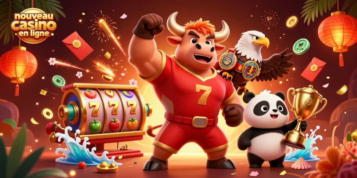Gagnez auprès de nouveau casino en ligne avec un mascotte de taureau, un aigle, et un panda célébrant.