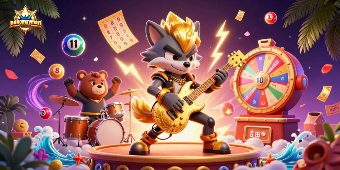 Experience nekomayman with a thrilling casino scene featuring a rock star wolf and vibrant game elements.