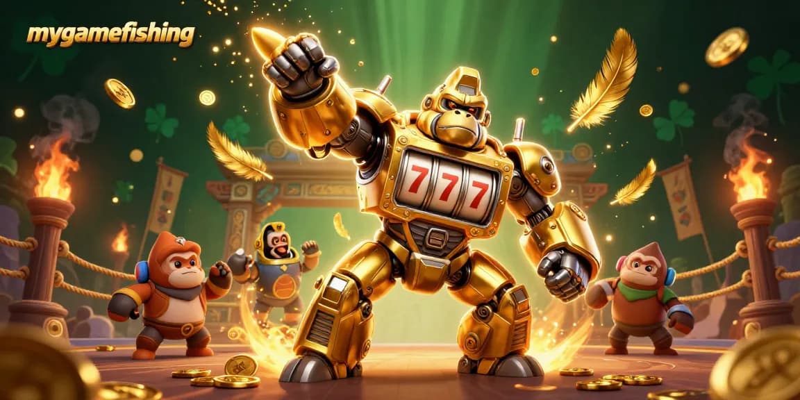 Engage in mygamefishing with a dynamic 3D illustration featuring an epic golden gorilla mech.