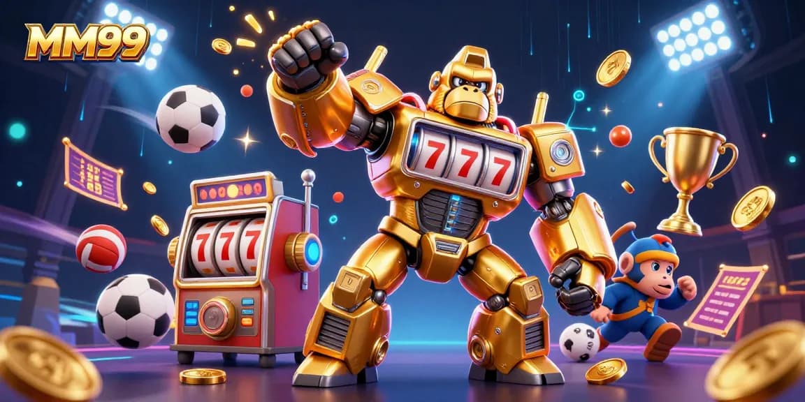 Experience the thrill of MM99 as the golden gorilla mech explodes with coins in a dynamic gaming scene.