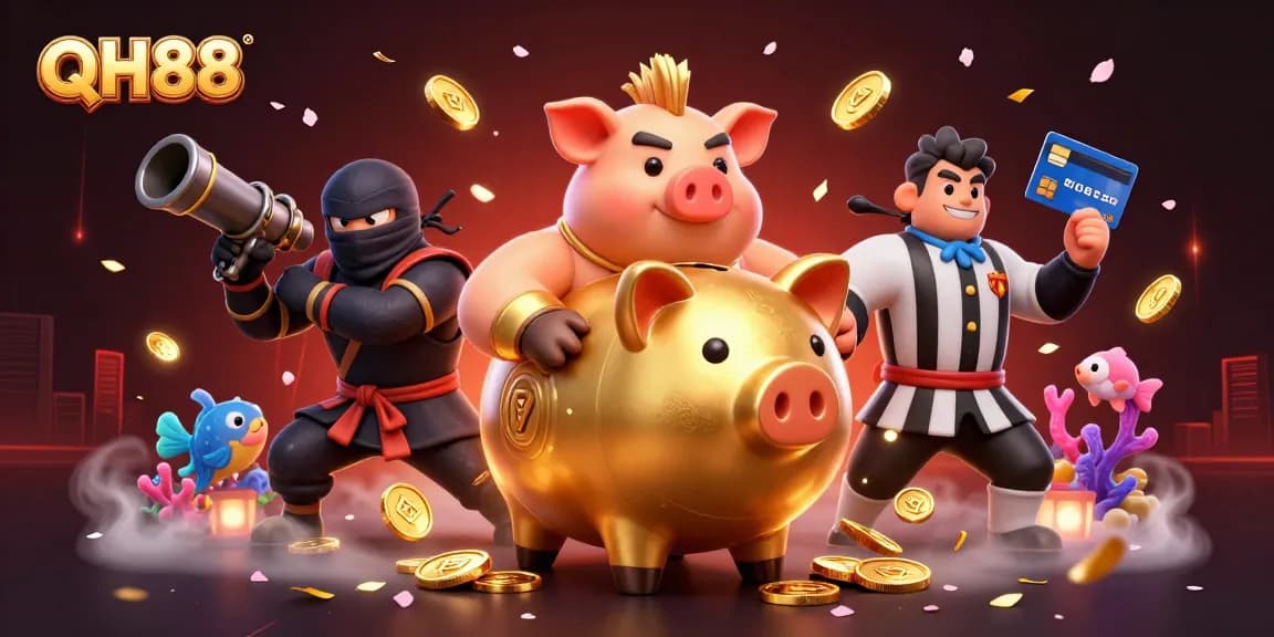Experience thrilling fish shooting action at QH88 with vibrant characters and gold coins.